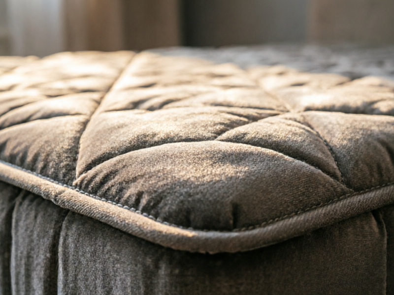 Close-up detail of the Saatva Classic organic cotton cover showing the premium quilting pattern and Guardin botanical antimicrobial treatment