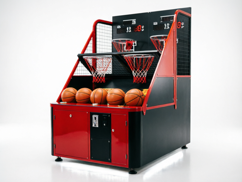 Commercial arcade basketball shooting game machine with dual hoops and electronic scoreboard
