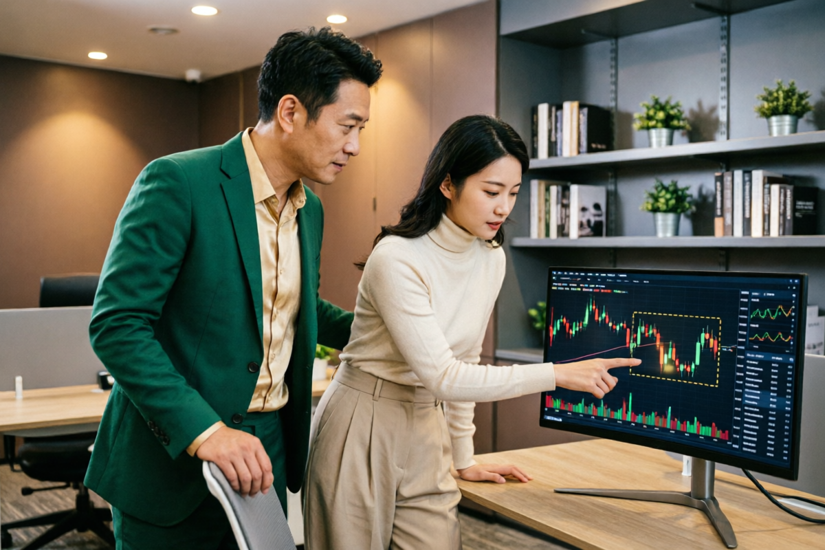 Mentor guiding student through forex trading charts