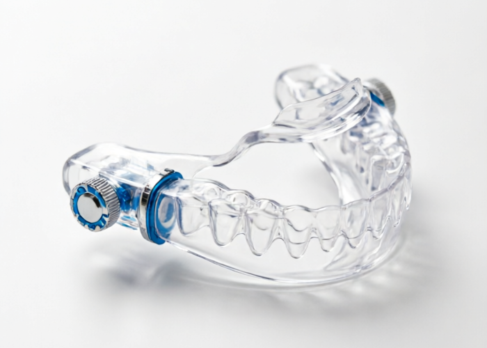 SnoreRx Plus mandibular advancement device with micro-adjustable dial mechanism