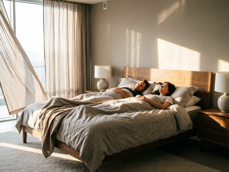 Happy couple sleeping peacefully on the Casper Dream Hybrid mattress in a serene modern bedroom