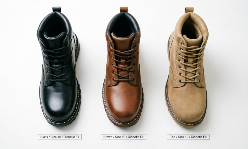 Side-by-side comparison of diabetic work boots from Drew Shoe, APIS FITec, DT Footwear, Propét, and SteelBlue