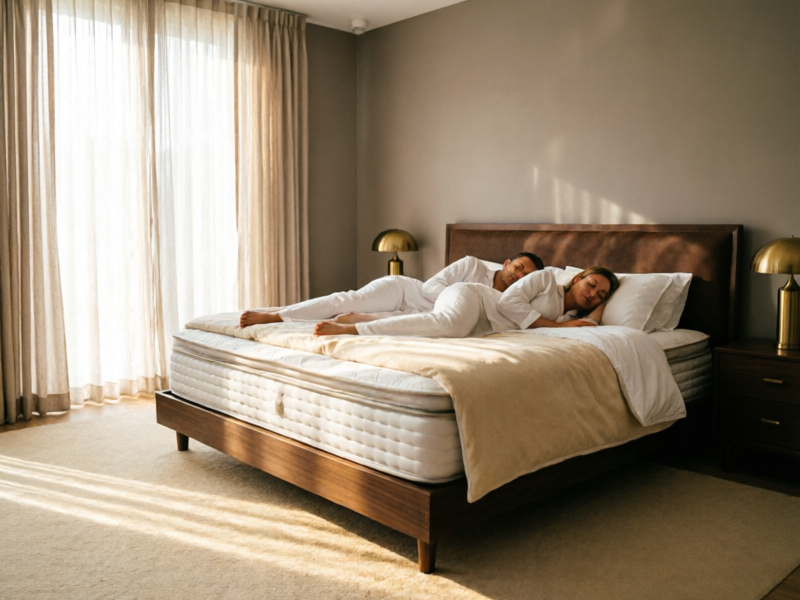 Couple sleeping peacefully on the Saatva Classic mattress in a serene modern bedroom with morning light