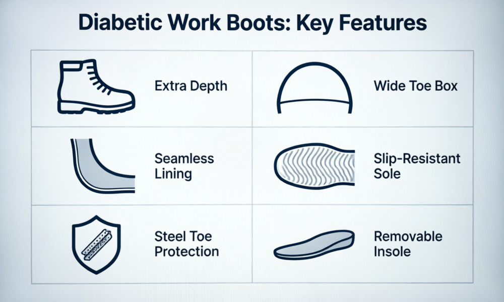 Infographic showing key features of diabetic work boots: extra depth, wide toe box, seamless lining, slip-resistant sole, steel toe protection, and removable insole