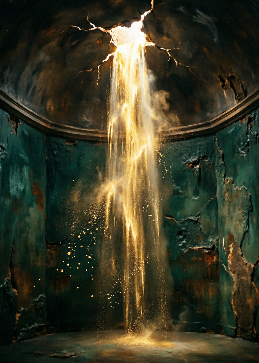 A shower of gold falling into a dark bronze chamber