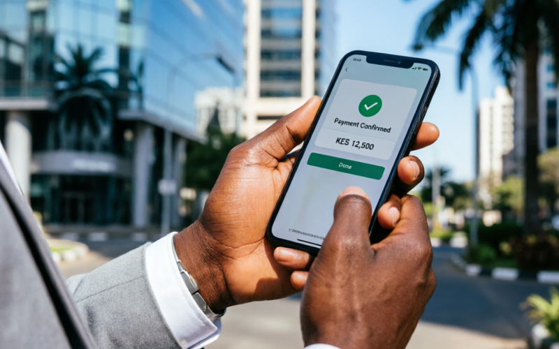 Kenyan trader using mobile phone for M-Pesa deposit to Olymp Trade trading platform