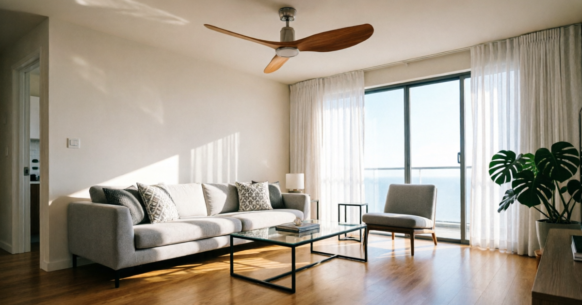 Modern living room with a stylish ceiling fan providing efficient cooling