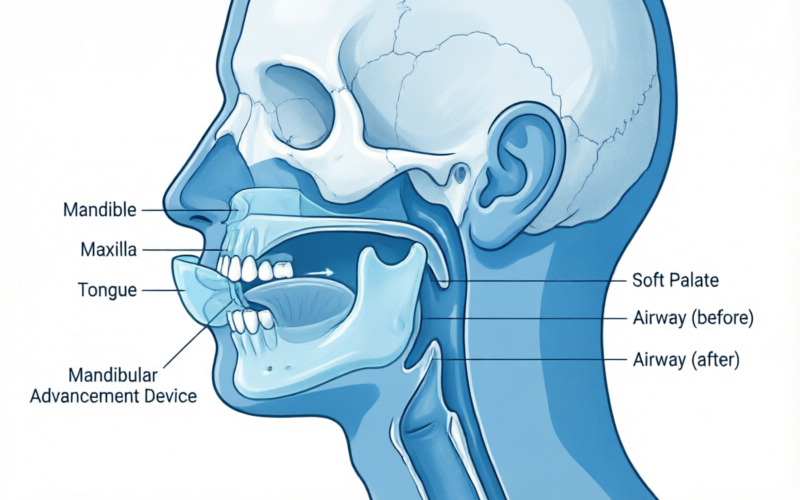 Medical illustration showing how a mandibular advancement device repositions the lower jaw forward to open the airway and prevent snoring