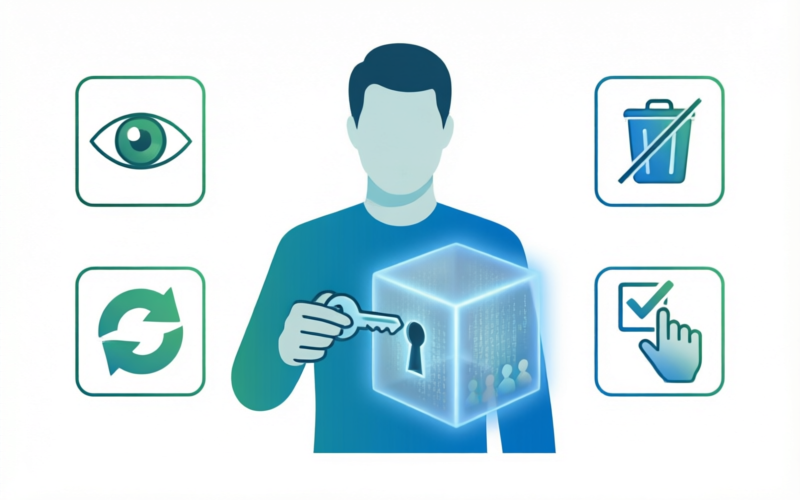 Illustration showing user privacy rights including data access, deletion, portability, and consent management