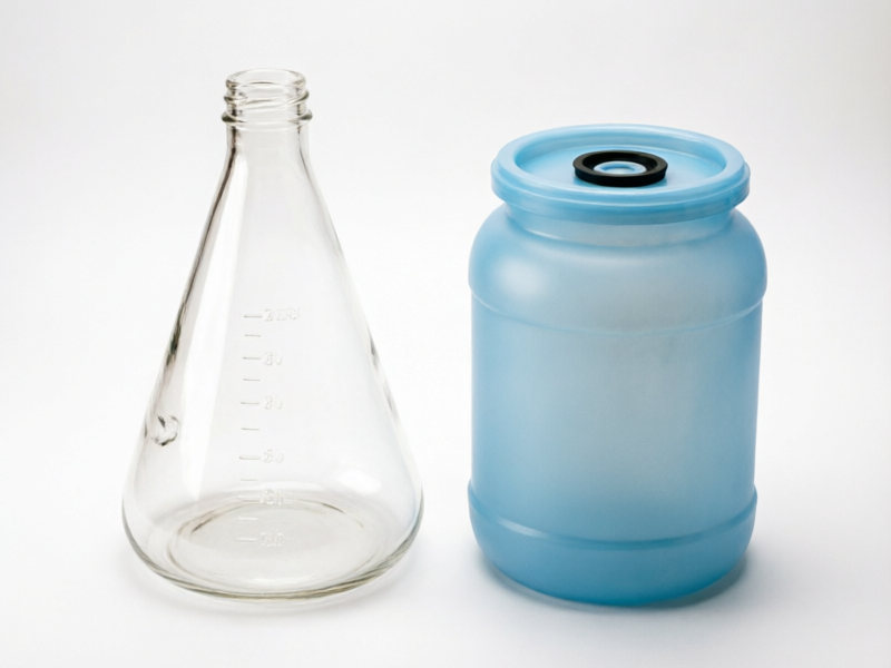 Glass carboy fermenter and PET plastic fermenter bucket side by side - comparison of fermentation vessel options for homebrewing