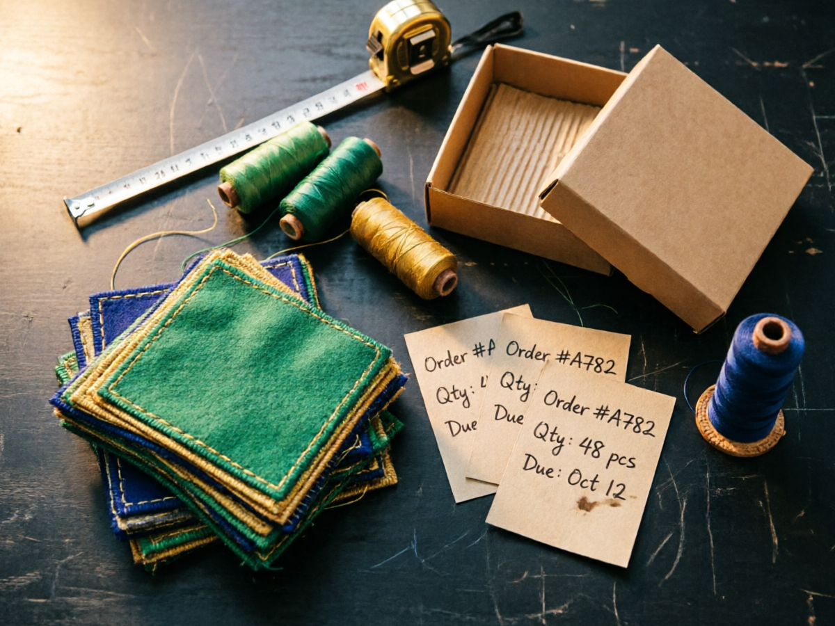 Top-down flat lay of a bulk patch order: stacked embroidered patches, kraft boxes, job tickets and thread cones