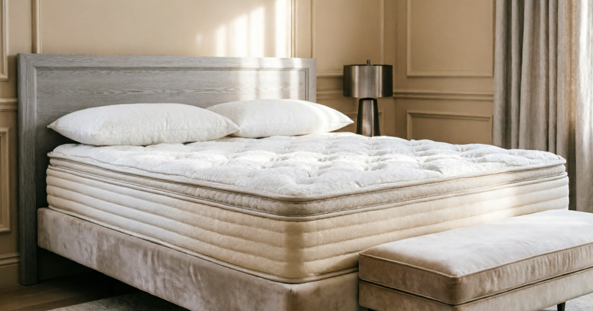 WinkBeds Luxury Firm Mattress displayed in a modern luxury bedroom with white bedding and morning sunlight