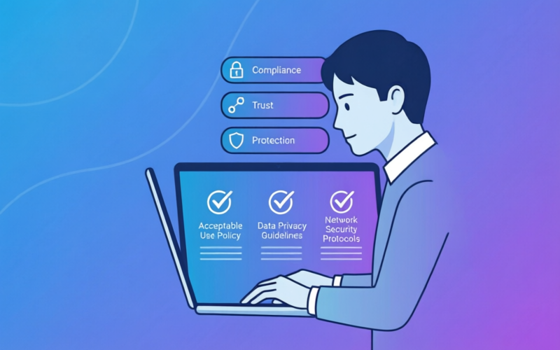 Illustration of user responsibilities and digital conduct - person using laptop with guidelines and network security compliance
