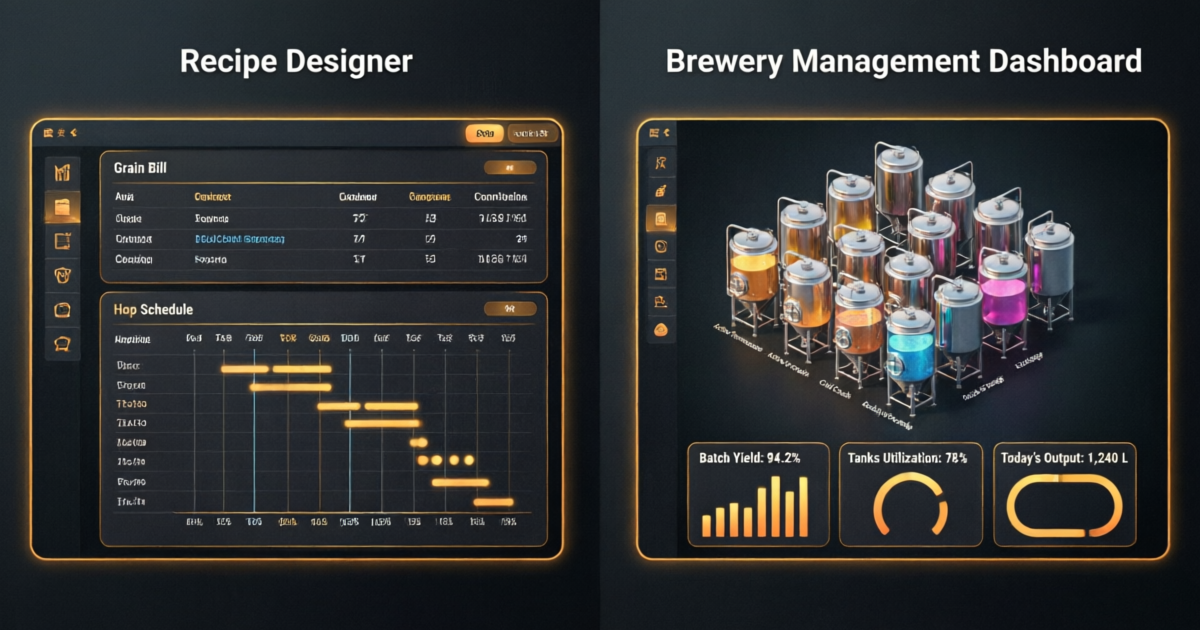 Side by side comparison of brewing software interfaces showing recipe designer and brewery management dashboard