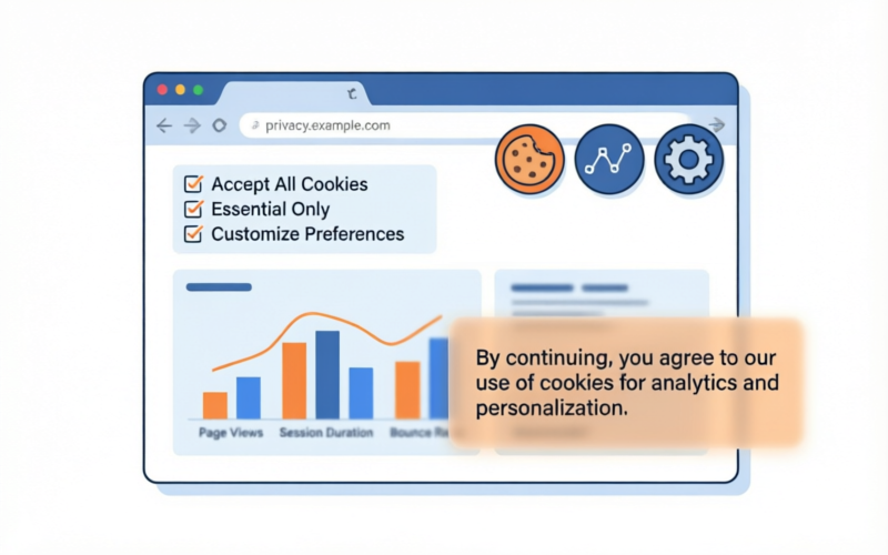 Illustration of cookie consent management and digital tracking technologies used on Optimum Router