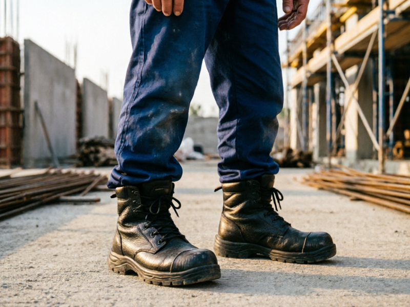Construction worker wearing diabetic work boots on a jobsite, demonstrating proper footwear use in occupational settings