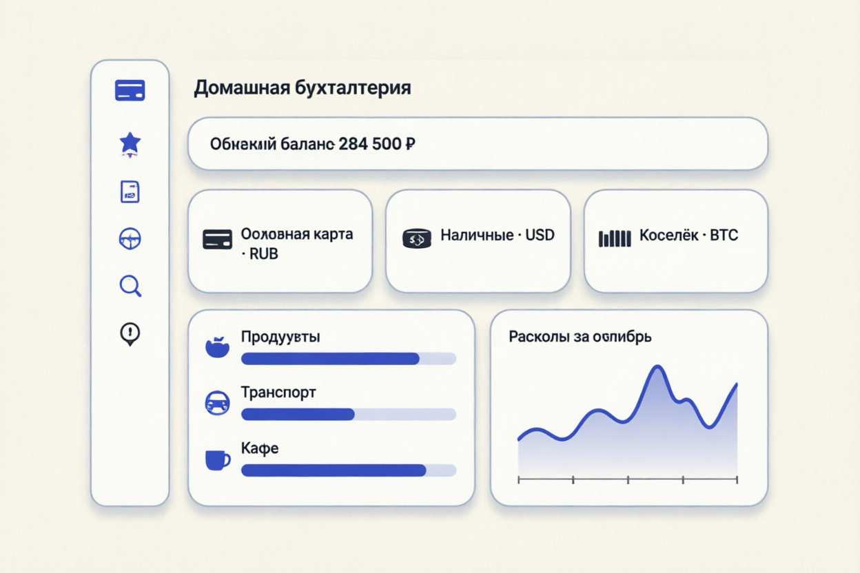 Главный экран приложения «Домашняя бухгалтерия»: общий баланс, счета в рублях, долларах и биткоинах, расходы по категориям и график за месяц