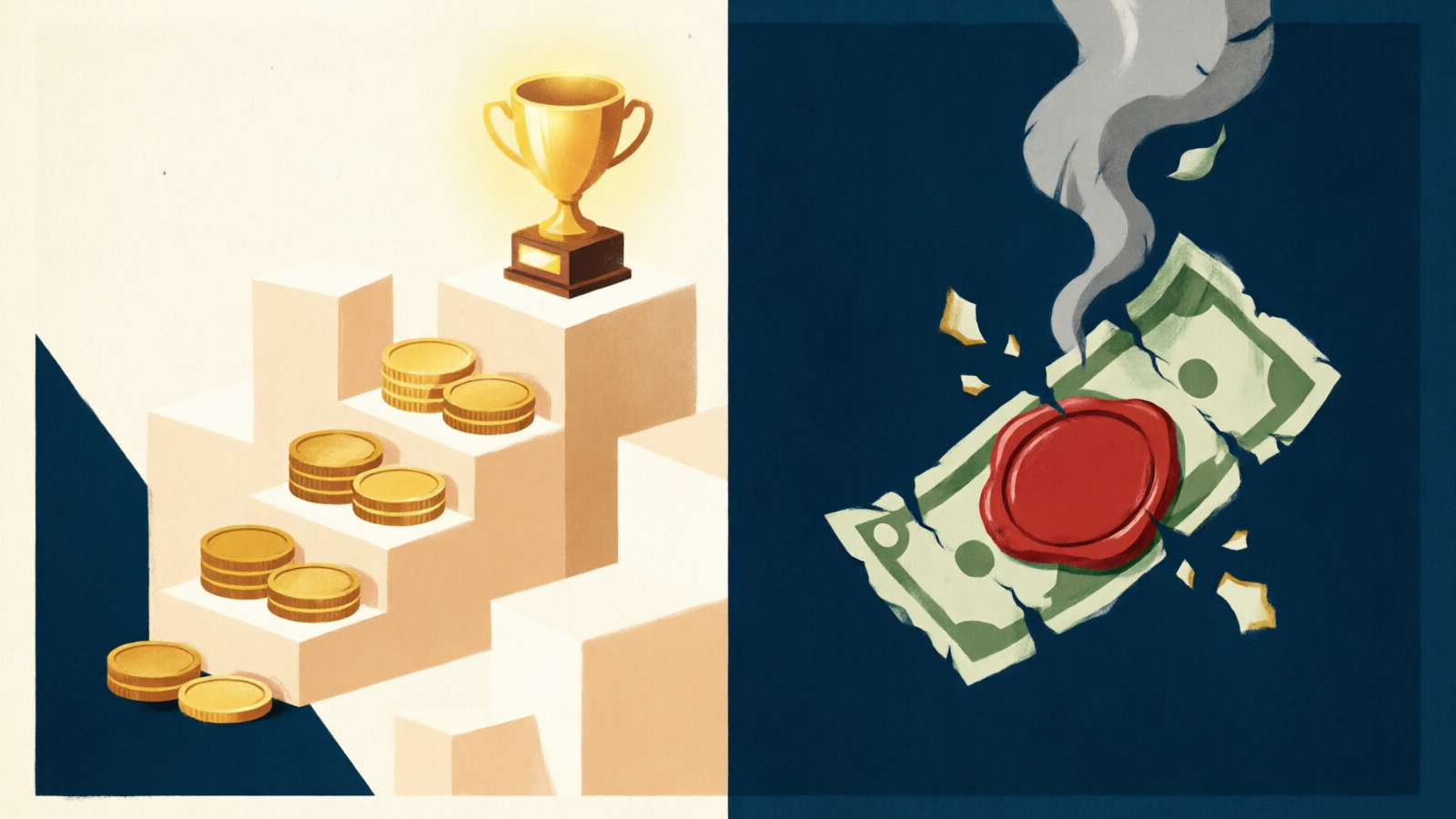 Editorial illustration contrasting a staircase of golden loyalty coins rising toward a trophy against a banknote dissolving into smoke under a red discontinued stamp