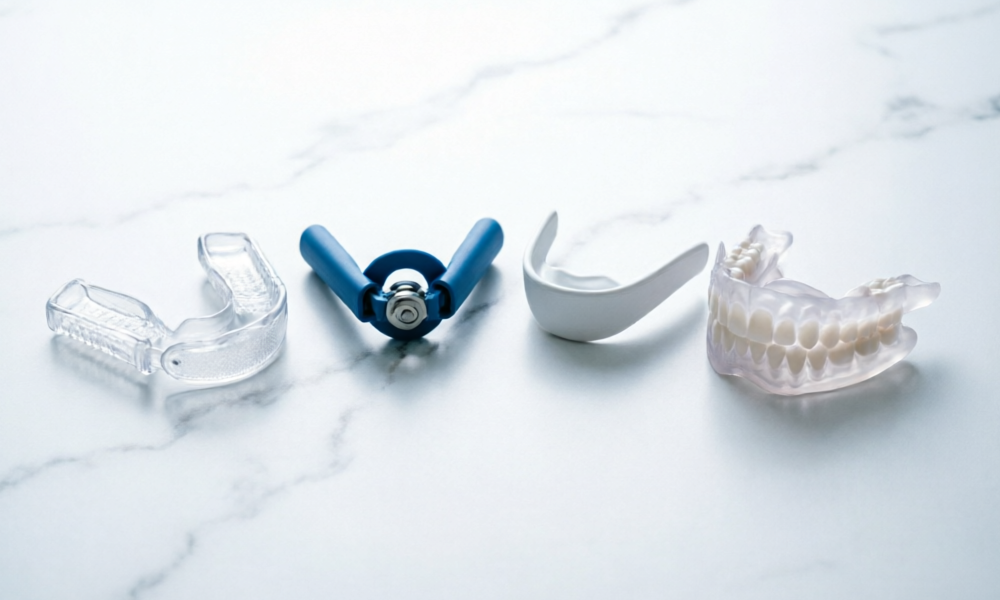 Collection of top-rated mandibular advancement devices reviewed by the Snorezing editorial team including SnoreRx Plus, VitalSleep, Somnofit-S, ZQuiet, and ApneaRx