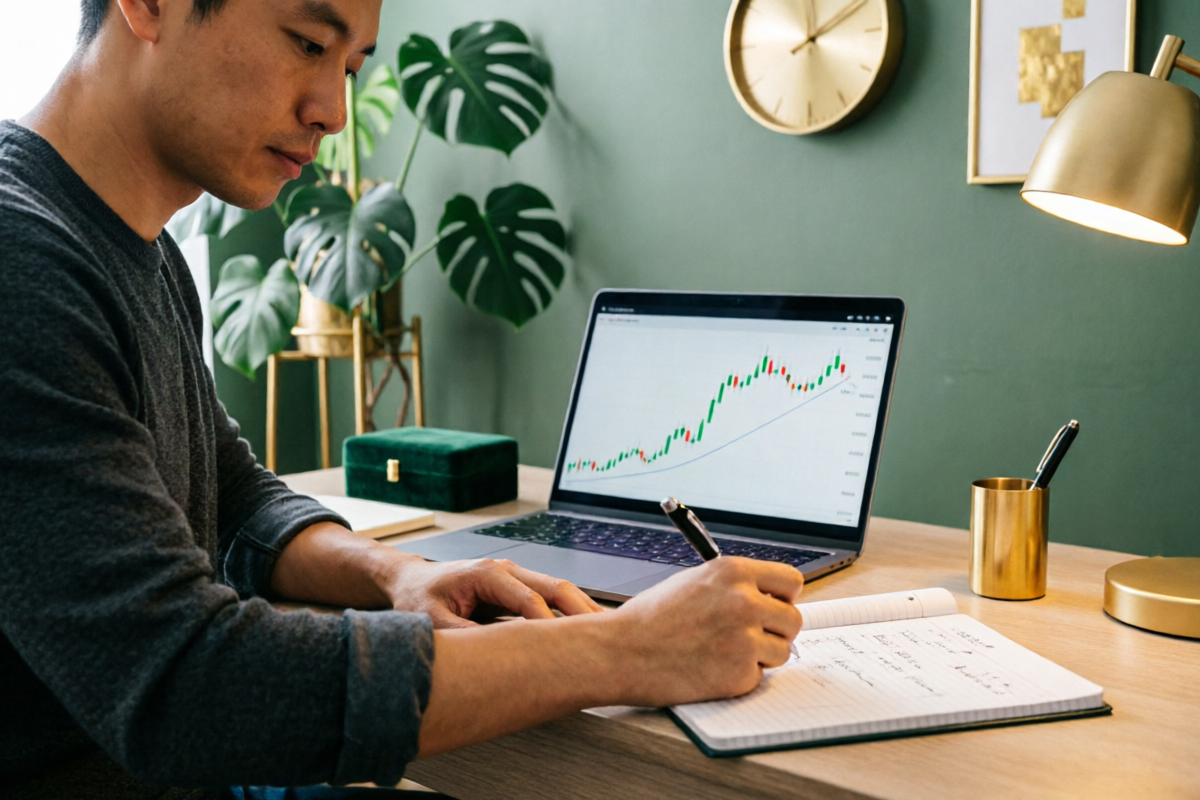 Trader reviewing profitable trading chart showing progress and growth