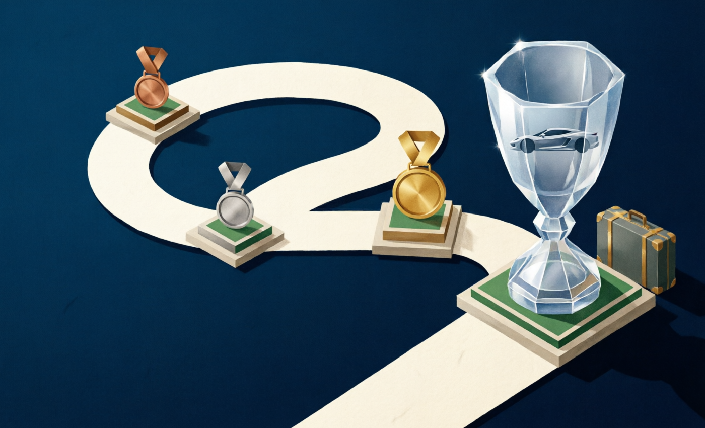 Illustration of a winding road with four medal checkpoints climbing toward a crystal trophy, a sports car and a suitcase, representing HFM's Rookie to Legend reward ladder