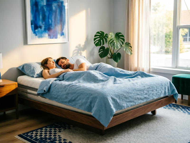 Happy couple sleeping peacefully on the Brooklyn Bedding Signature Hybrid mattress in a serene modern bedroom