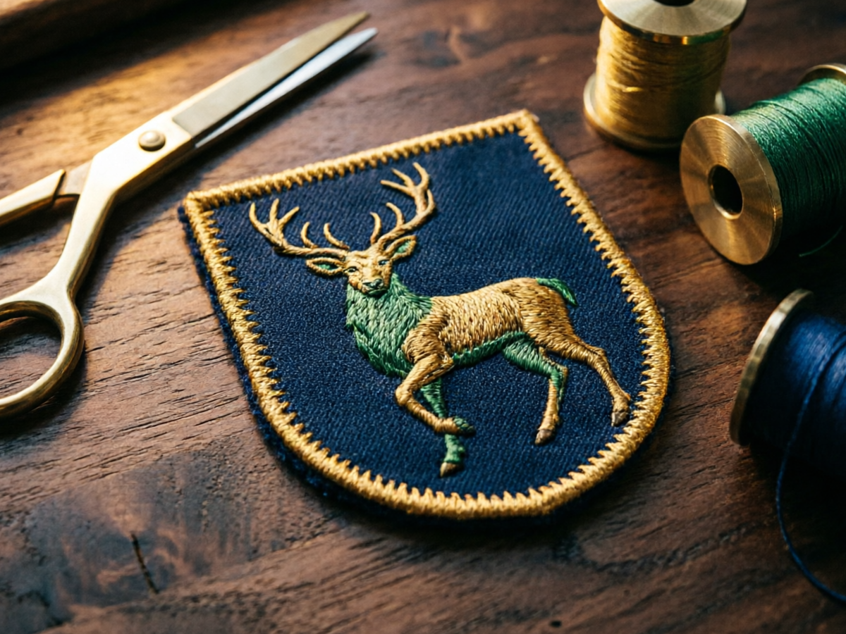 Finished embroidered crest patch with gold merrowed border on navy twill, on a workbench with thread cones