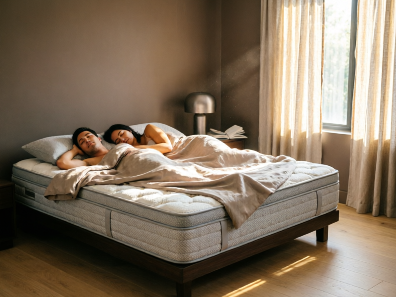 Couple sleeping peacefully on the WinkBeds Luxury Firm mattress in a serene modern bedroom
