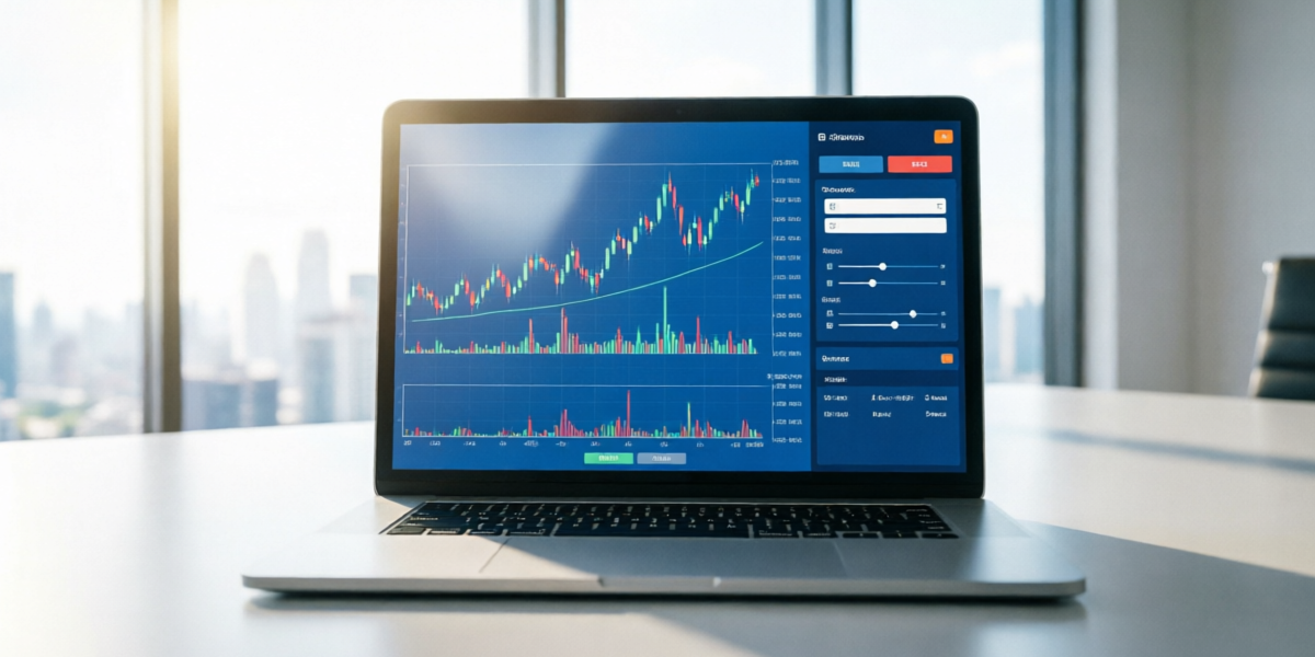 Olymp Trade trading platform interface showing forex charts and trading tools on a modern laptop