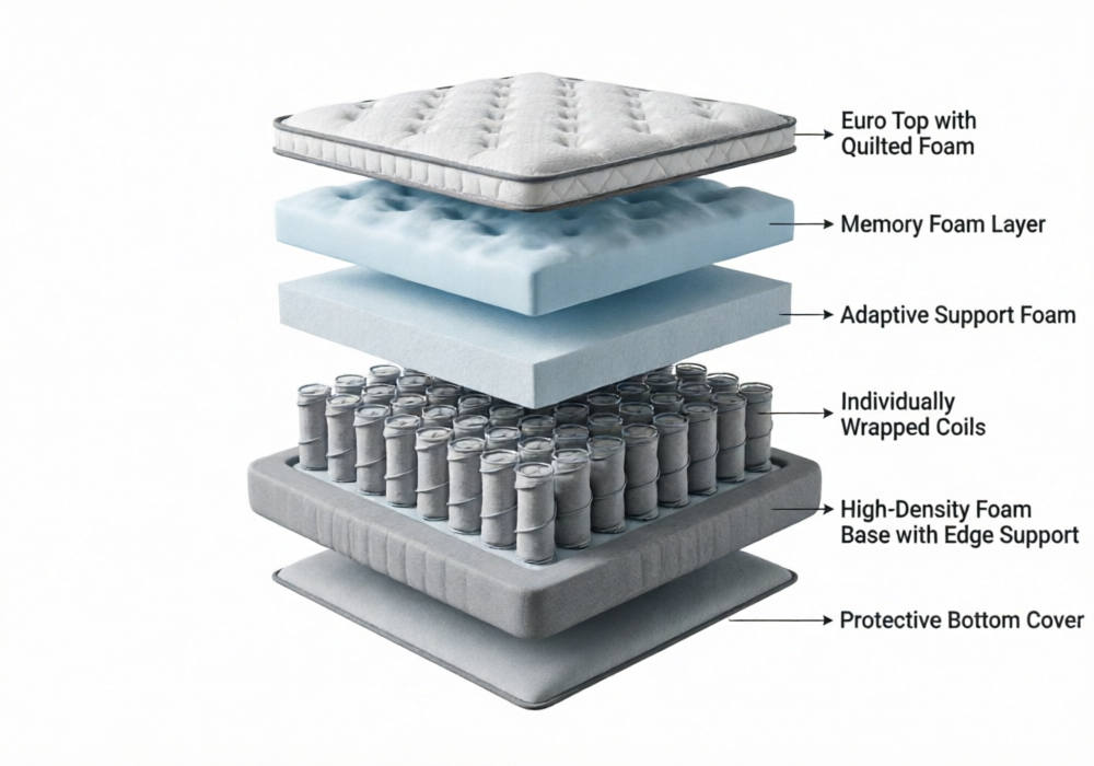 Cross-section diagram showing the six layers of the DreamCloud Premier Hybrid mattress including CloudQuilt euro top, memory foam, adaptive support foam, coil system, and base foam