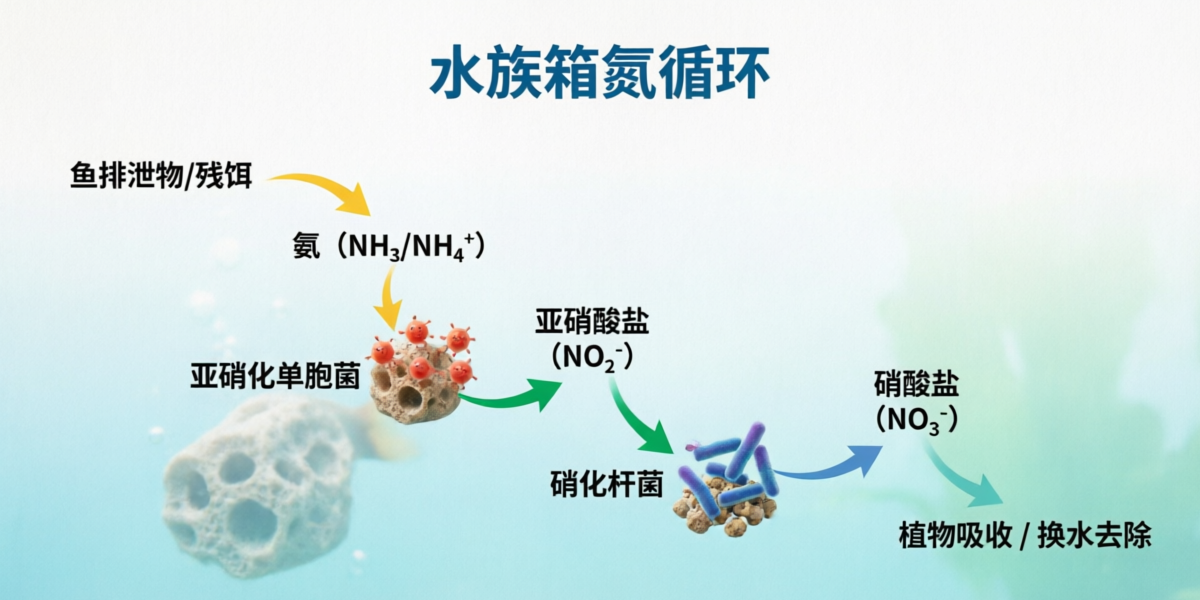 Scientific illustration of the nitrogen cycle in an aquarium showing the conversion of ammonia to nitrite to nitrate by beneficial bacteria
