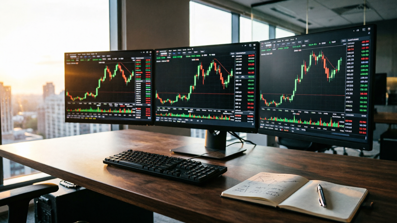 Trading desk with monitors showing forex candlestick charts during the Lagos trading session