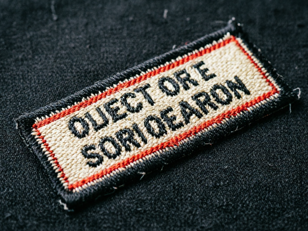 Macro of a fine woven patch with crisp small lettering in black, red and cream thread on dark fabric