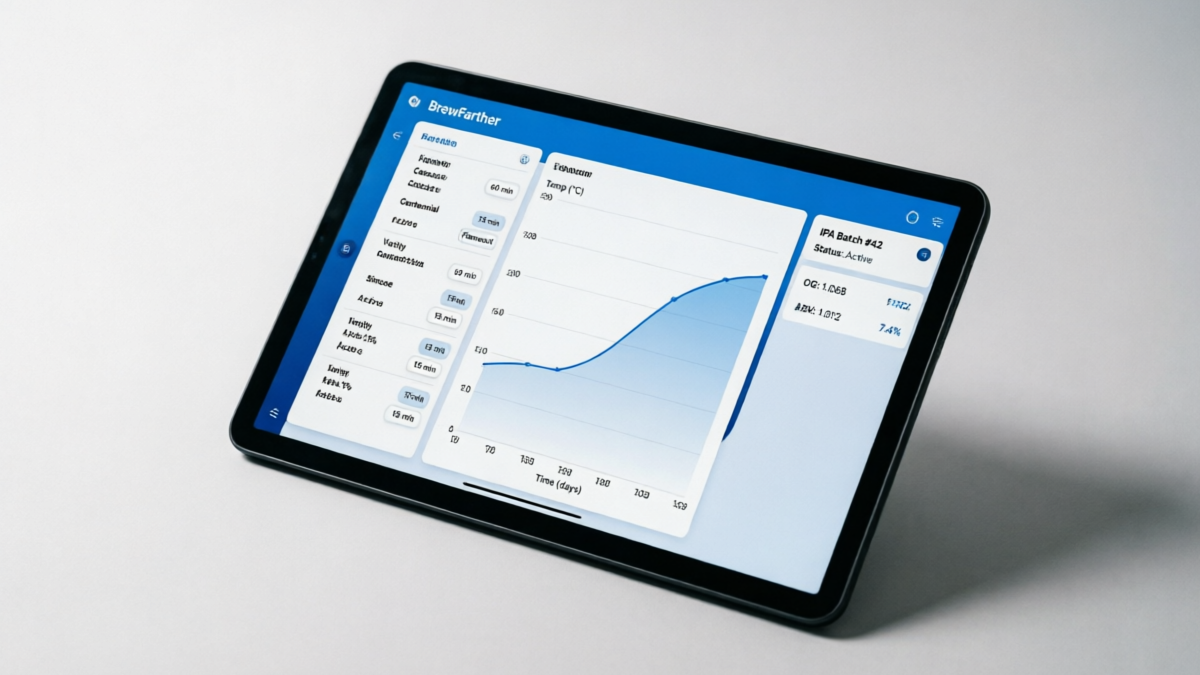 Brewfather brewing app interface showing modern clean UI with recipe design and fermentation tracking