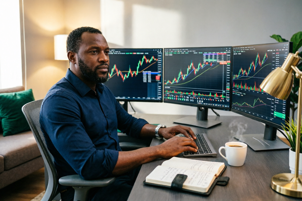 Professional trader analyzing forex charts with multiple monitors