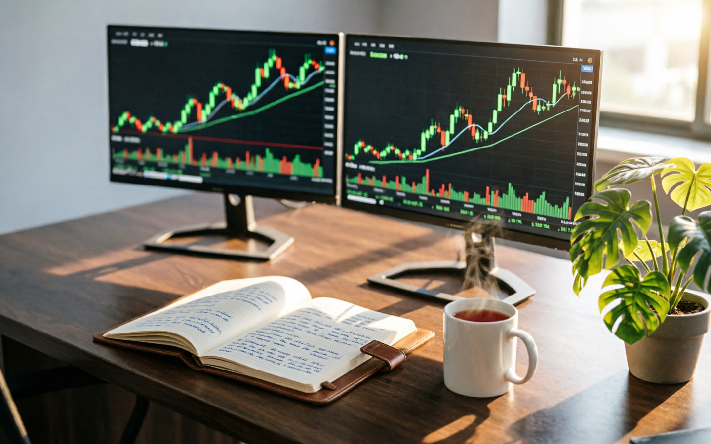 A trading desk with monitors showing forex charts, used to illustrate cost analysis of Pepperstone's Active Trader Program