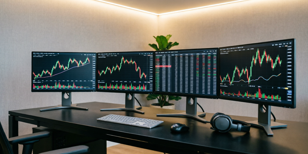 Professional forex trading setup with multiple monitors displaying live currency charts and market data