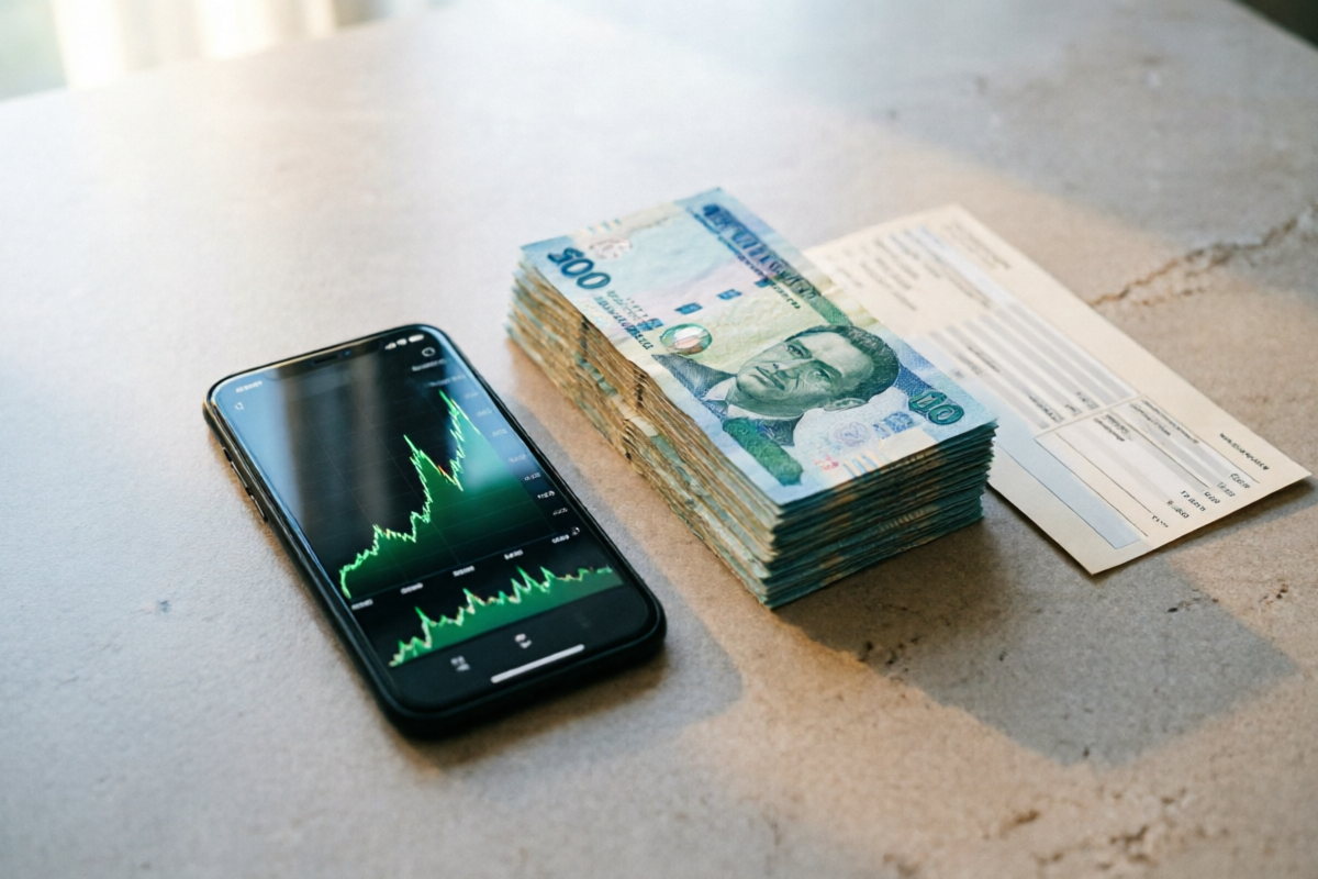 Smartphone with a trading app beside Nigerian naira banknotes