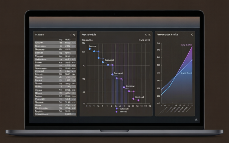 BeerSmith 4 interface showing recipe design with dark mode, grain bill, hop schedule, and fermentation data