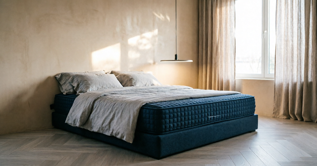 Brooklyn Bedding Signature Hybrid Mattress displayed in a luxury modern bedroom with deep blue quilted top and clean minimalist design