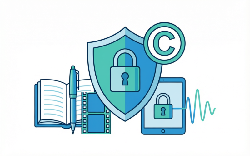 Illustration representing intellectual property protection - a shield with lock symbolizing content security and copyright protection for networking publications
