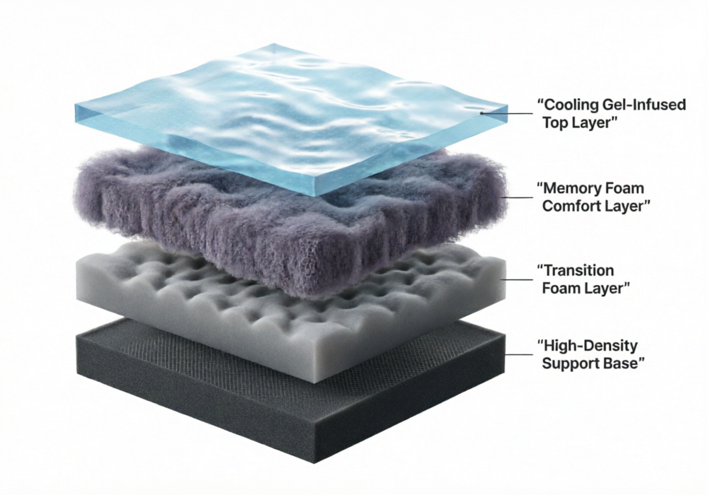 Technical diagram showing memory foam mattress layers including cooling gel-infused top layer, memory foam comfort layer, transition foam layer, and high-density support base