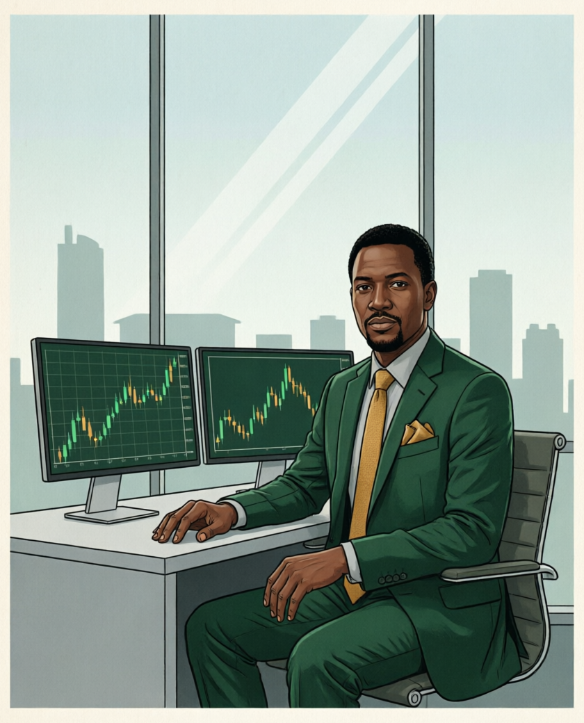Editorial illustration of Patrick Mahinge, Founder and Chief Editor of Kenya Forex Firm, at his trading desk in Nairobi