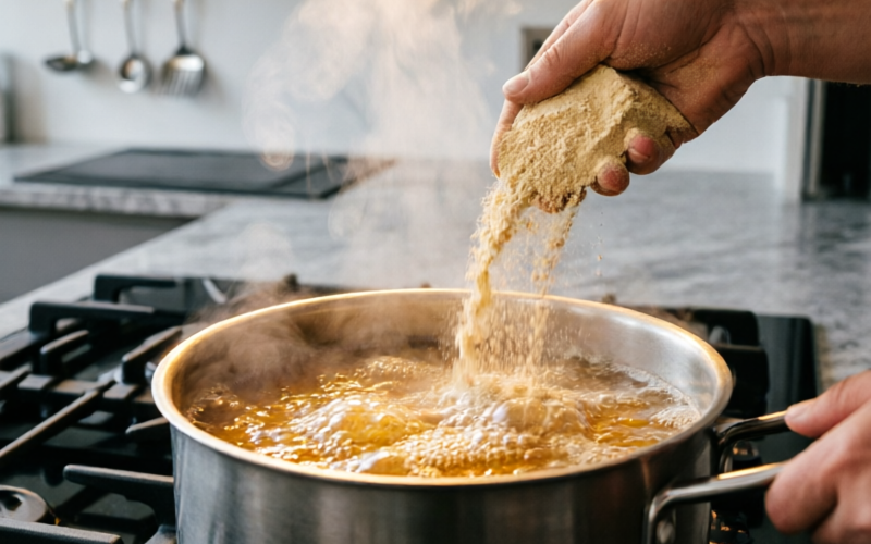 Homebrewer pouring dry malt extract into a boiling pot of wort on a kitchen stove - extract brewing process