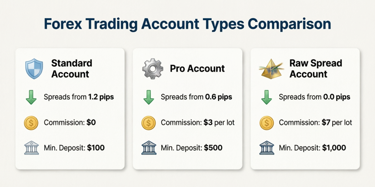 JustMarkets account types comparison showing Standard, Pro, and Raw Spread accounts with their key features