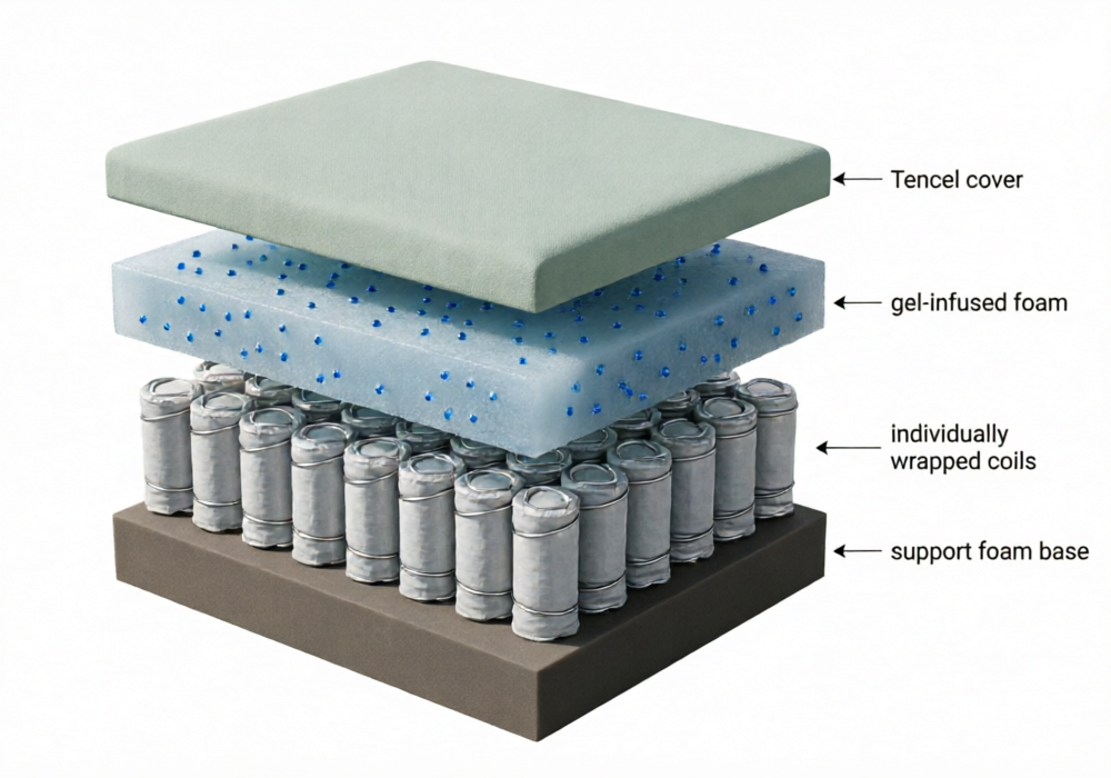 Cross-section diagram showing the layers of the WinkBeds Luxury Firm mattress including Tencel cover, gel foam, pocketed coils, and base foam