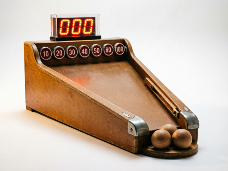 Classic Skee-Ball arcade lane machine with wooden lane and numbered scoring targets