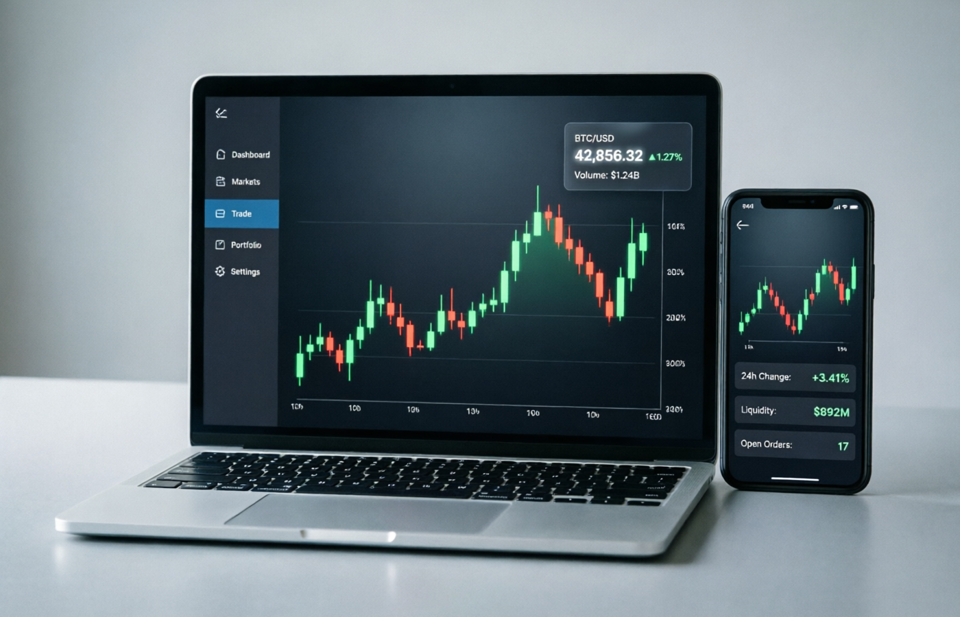 Binomo trading platform interface showing candlestick charts on laptop and smartphone