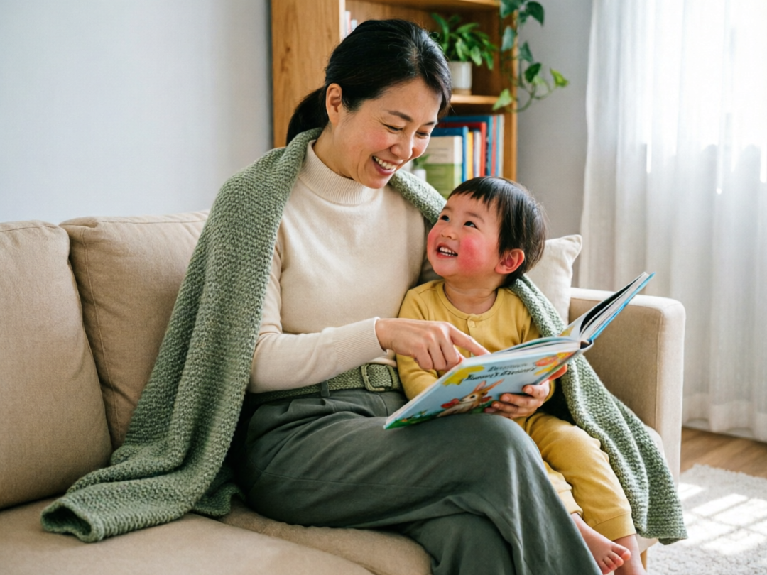 A professional nanny reading a picture book with a happy toddler on a cozy sofa