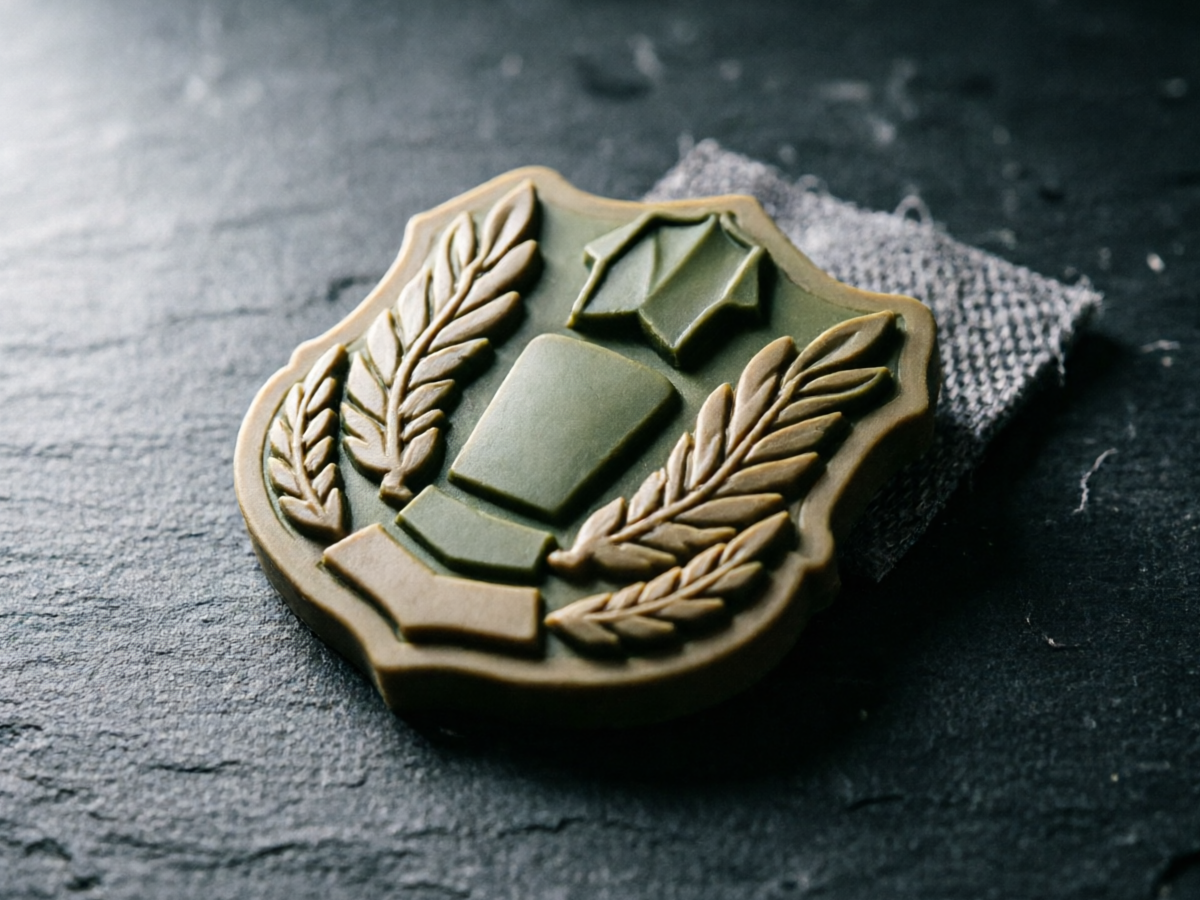 Thick 3D PVC rubber morale patch in olive and tan with raised sculpted badge on dark slate